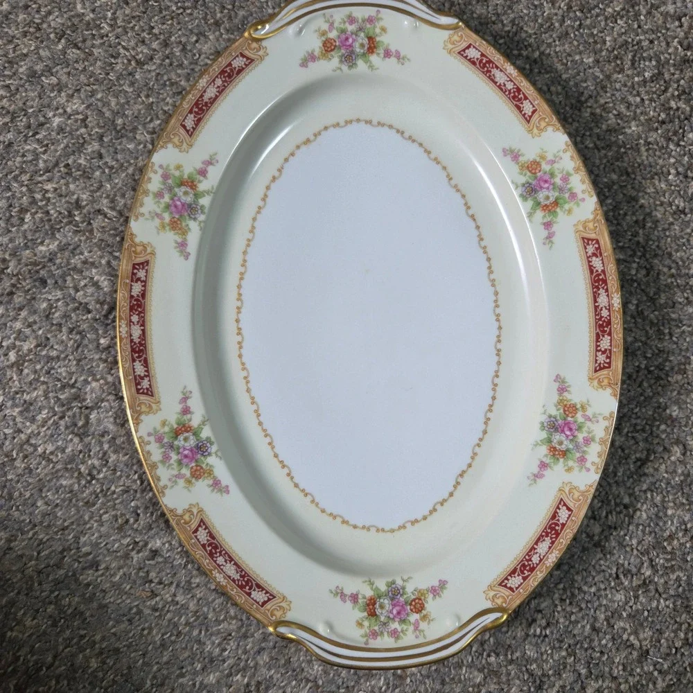 Noritake‎ Occupied Japan Oval Serving Platter Floral Burgundy Gold Trim Vintage